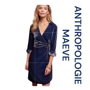 MAEVE BY ANTHROPOLOGIE Navy Blue Velvet Long Sleeve Dress w/Bodice Wrap, Size 4.